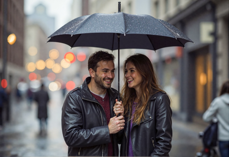 Couple in rainy street